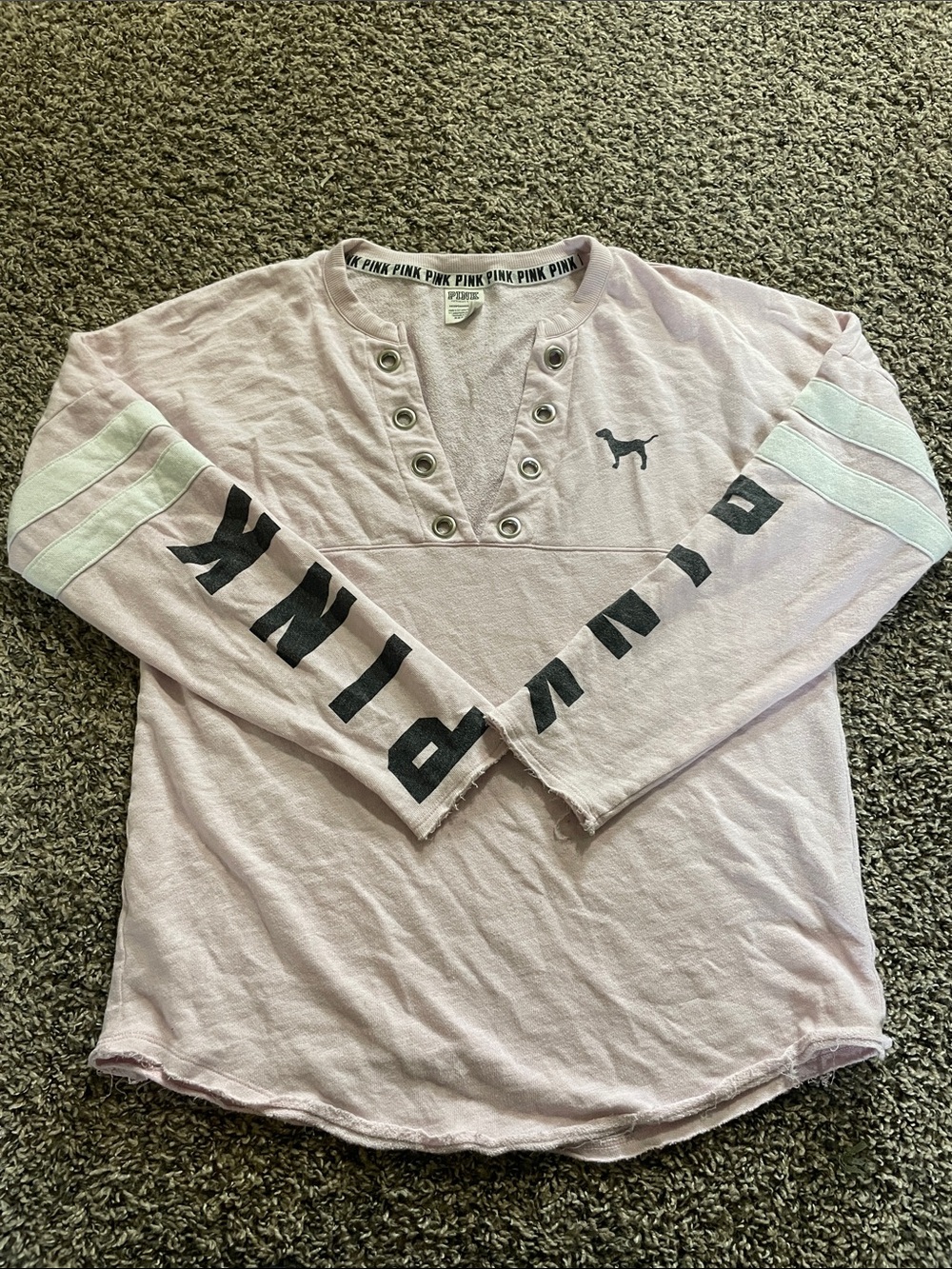 PINK Victoria's Secret Oversized Light Pink Long-Sleeve Henley White Stripes